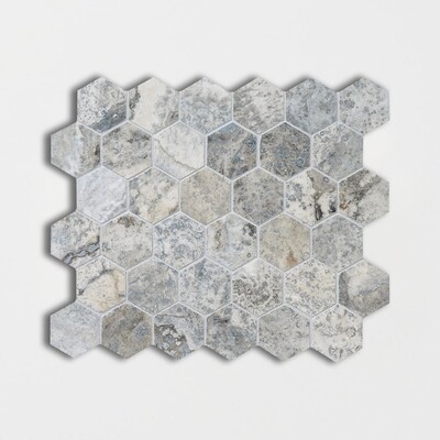 Silver Travertine Honed Filled Hexagon Travertine Mosaic 10 3/8x12