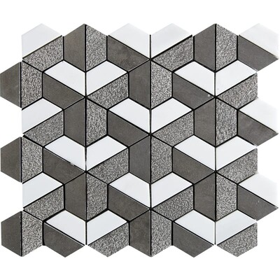 Gray Foussana, Bianco Dolomiti Textured 3d Hexagon Marble Mosaic 10 3/8x12