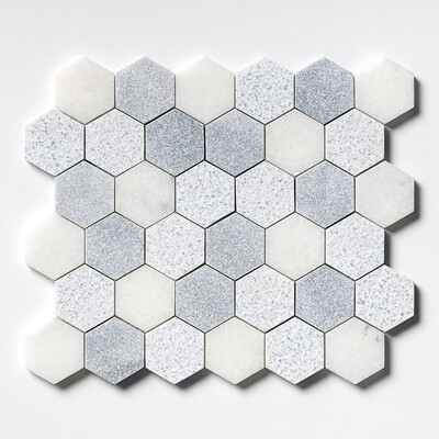 Calacatta T, Bardiglio Light Textured Hexagon Marble Mosaic 10 3/8x12