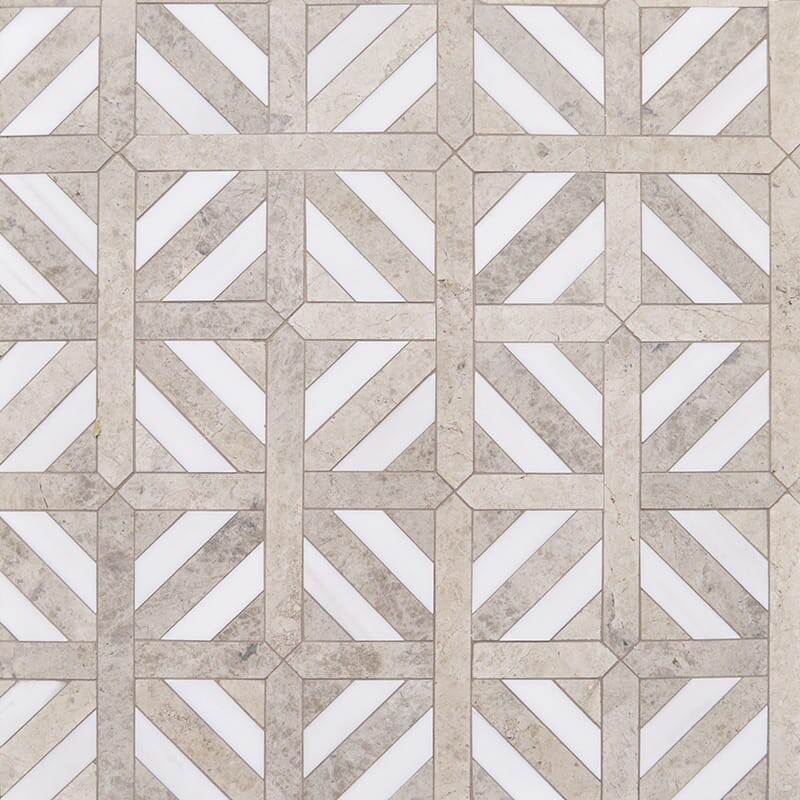 Silver Shadow, Snow White Honed Ponte Basket Marble Mosaics 14 13/16×14 13/16