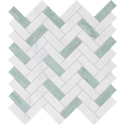 Verde, Calacatta T Fine Textured Herringbone Marble Mosaic 12 1/8x13 3/8