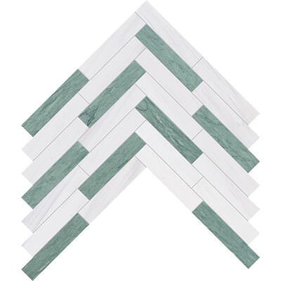 Verde, Bianco Dolomiti Honed Large Herringbone Marble Mosaic 12 7/8x8 9/16