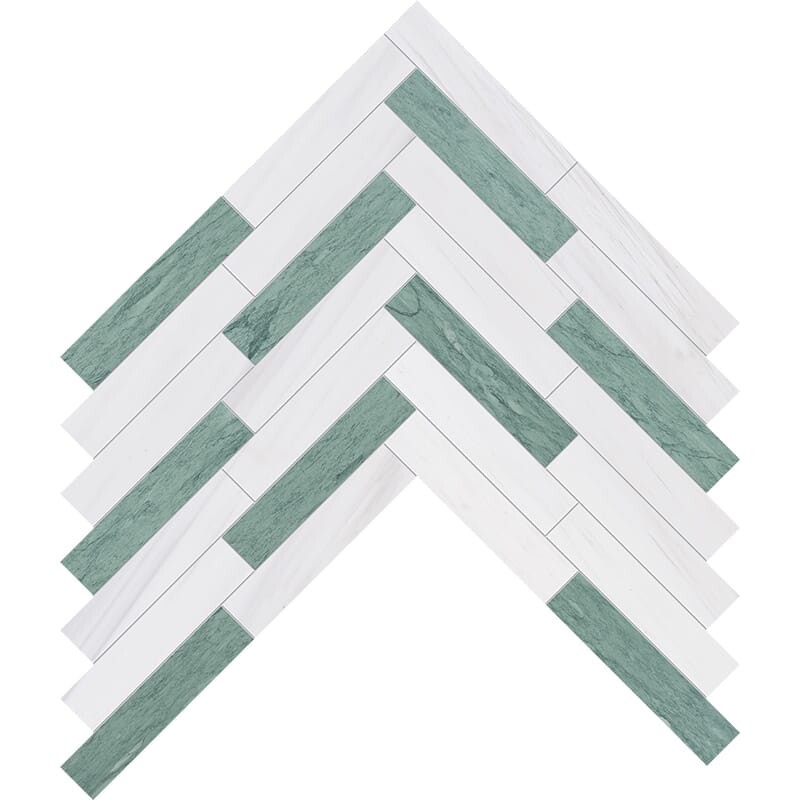 Verde, Bianco Dolomiti Honed Large Herringbone Marble Mosaics 12 7/8×8 9/16
