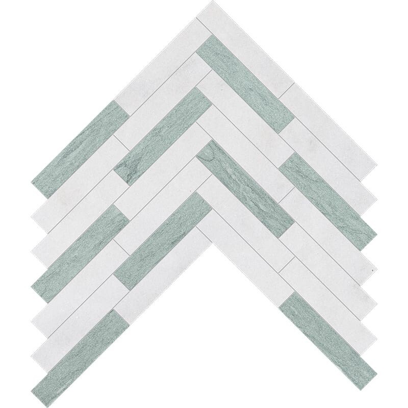 Verde, Calacata T Fine Textured Large Herringbone Marble Mosaics 12 7/8×8 9/16