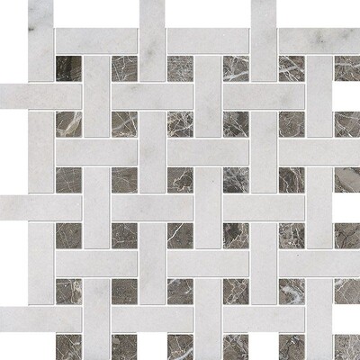 Whisper Gray, Calacatta T Polished Basket Weave 1x3 Marble Mosaic 12 5/8x12 5/8