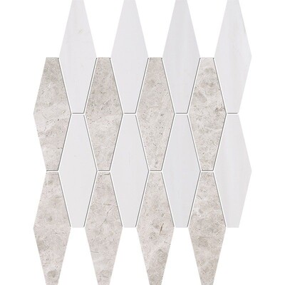 Silver Mystique, Bianco Dolomiti Multi Finish Rhomboid Blend Marble Mosaic 11x14 15/16