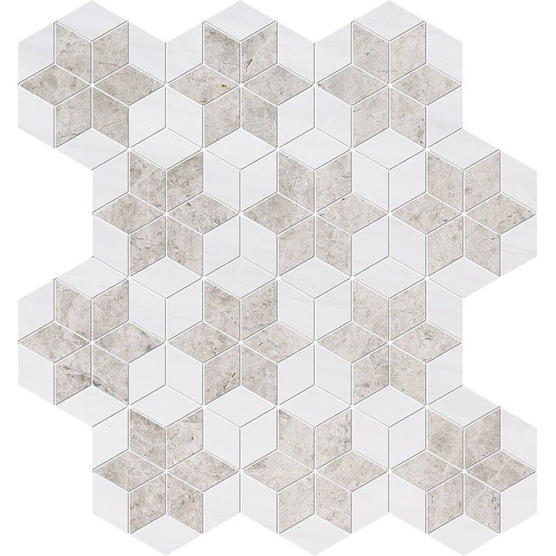 Silver Clouds, Snow White Multi Finish Stars Marble Mosaics 14 3/16×14 15/16
