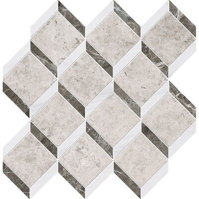 Silver Clouds, Snow White, Arctic Gray Multi Finish Steps 3d Marble Mosaics 14 9/16×14 15/16