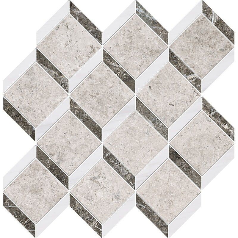 Silver Clouds, Snow White, Arctic Gray Multi Finish Steps 3d Marble Mosaics 14 9/16×14 15/16