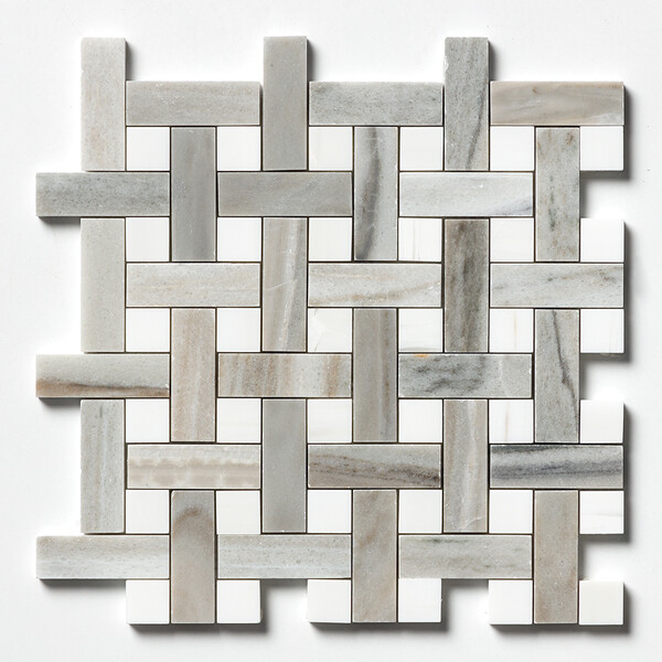 Skyline, Snow White Polished Basket Weave 1×3 Marble Mosaics 12×12