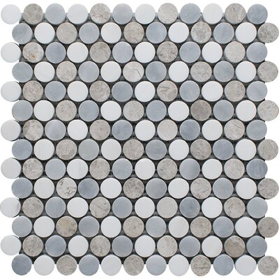 Snow White, Silver Shadow, Allure Light Multi Finish Penny Round 6 Marble Mosaics 10 1/16×11 13/16