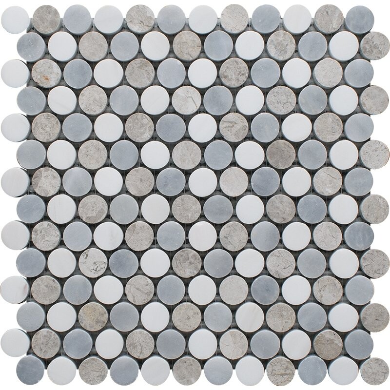 Snow White, Silver Shadow, Allure Light Multi Finish Penny Round 6 Marble Mosaics 10 1/16×11 13/16
