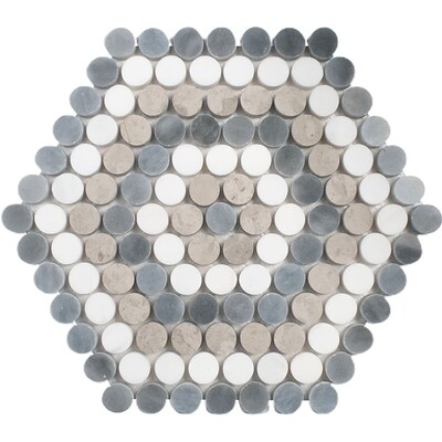 Bianco Dolomiti, Bardiglio Light, Thala Honed Penny Round 8 Marble Mosaics 9 1/4×9 29/64