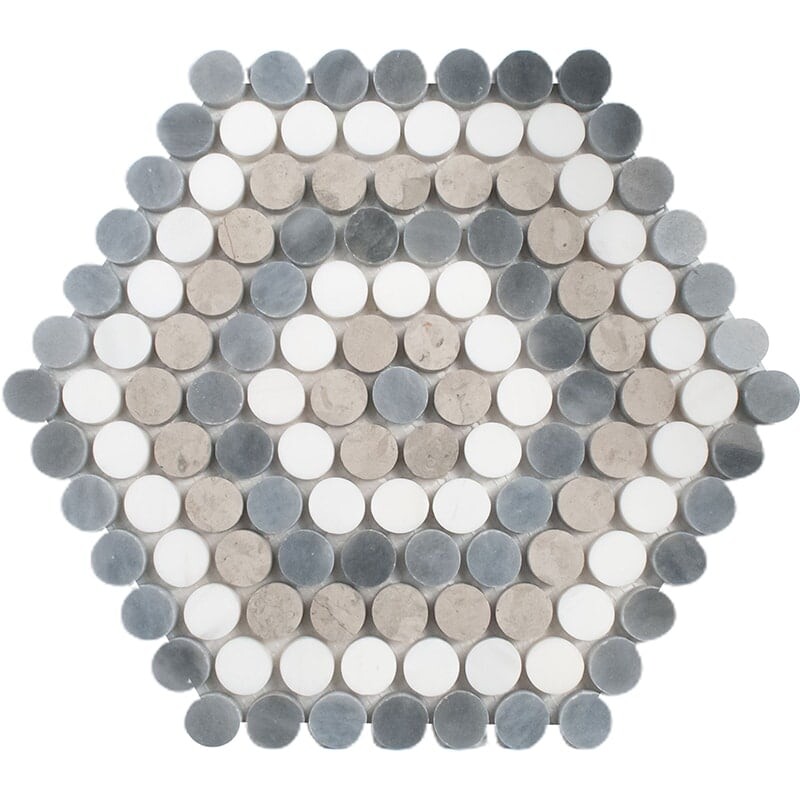 Bianco Dolomiti, Bardiglio Light, Thala Honed Penny Round 8 Marble Mosaics 9 1/4×9 29/64