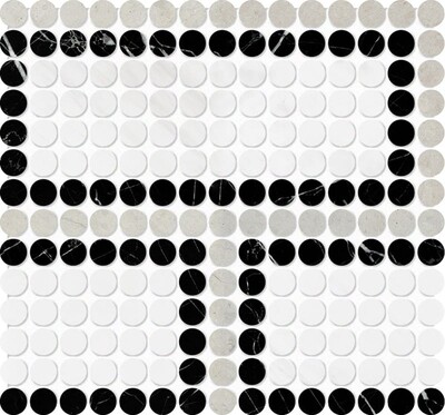 Black, Thala Gray, Bianco Dolomiti Honed Penny Round Offset 1 Marble Mosaic 11 1/32x12 13/64
