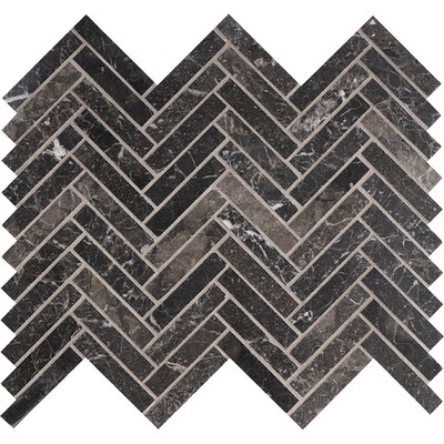 Iris Black Honed Herringbone 5/8×3 Marble Mosaics 10 7/16×12 13/16