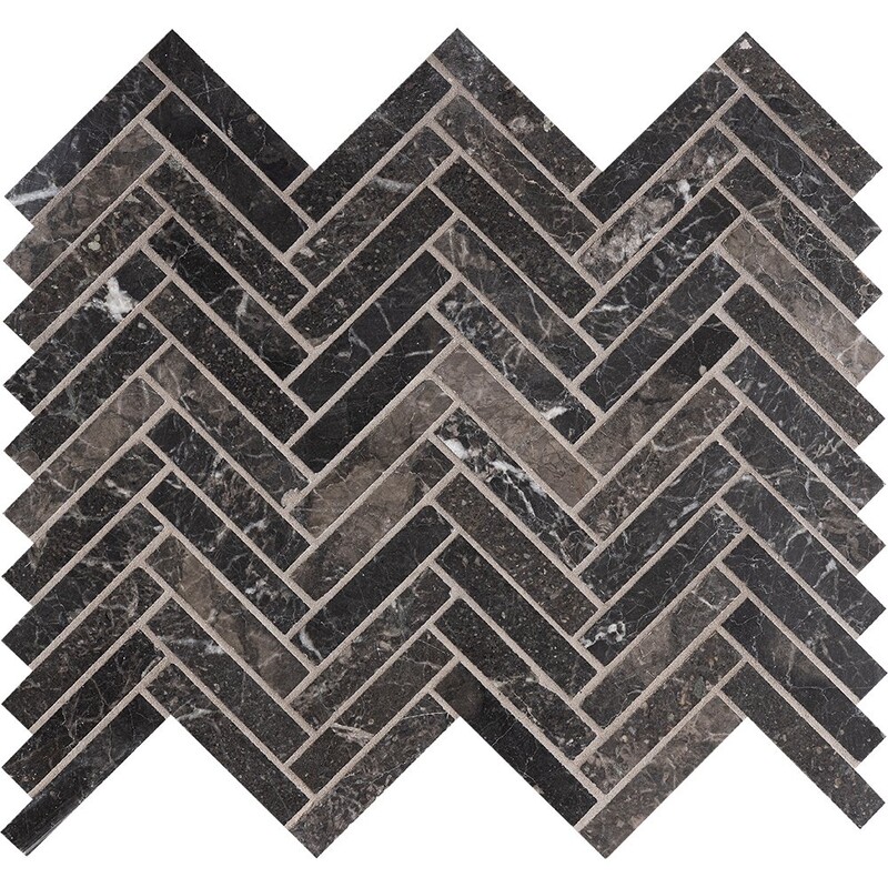 Iris Black Honed Herringbone 5/8×3 Marble Mosaics 10 7/16×12 13/16
