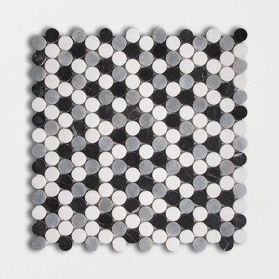 Bardiglio Light, Bianco Dolomiti, Black Honed Penny Round Marble Mosaics 11 1/4×11 3/4