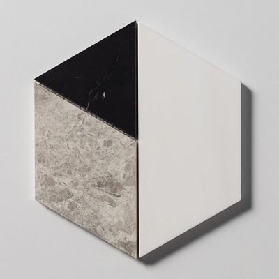 Snow White, Black, Silver Shadow Honed Prismatic Blend Marble Mosaics 8×9 1/16