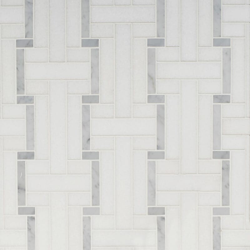 Thassos White, White Carrara Multi Finish Luni Marble Mosaics 10 7/16×12 3/16
