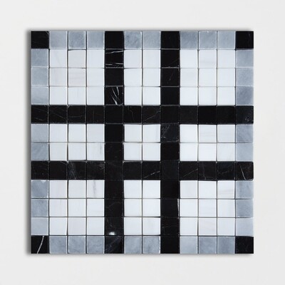 Black, Bianco Dolomiti, Afyon Gray Multi Finish Checker Marble Mosaic 12x12