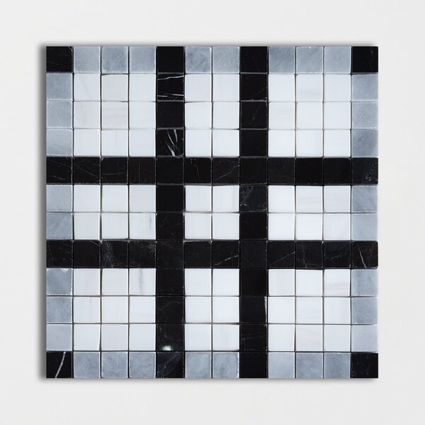 Black, Bianco Dolomiti, Afyon Gray Multi Finish Checker Marble Mosaics 12×12