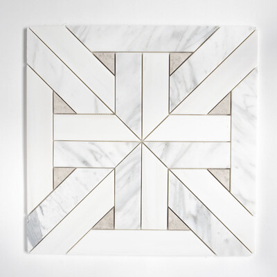 Bianco Dolomiti, Royal Beige, Serenity Multi Finish Crossed Trapeze Marble Mosaic 17x17
