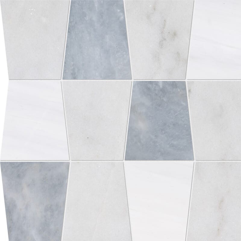 Glacier, Afyon Gray, Snow White Honed Tapered Waterjet Marble Mosaics 12 1/2×12
