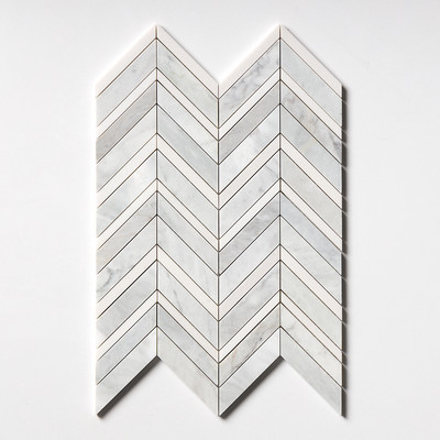 Alpina White, Carrara T Multi Finish Chevron Fusion Waterjet Marble Mosaics 16×11 7/8
