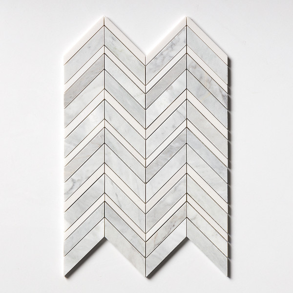 Alpina White, Carrara T Multi Finish Chevron Fusion Waterjet Marble Mosaics 16×11 7/8