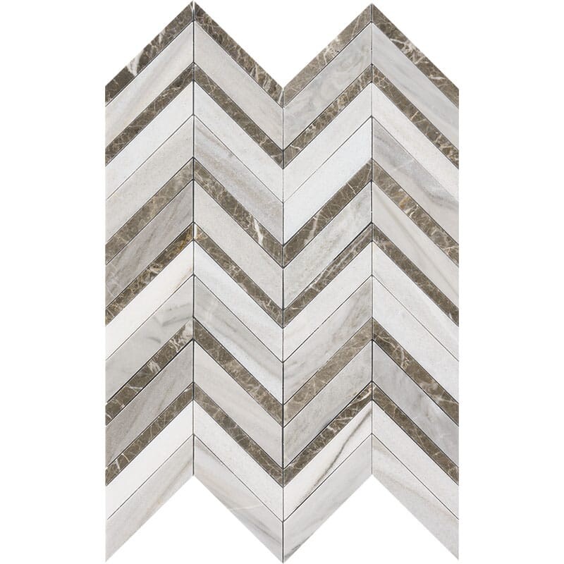 Skyline, Silver Drop Multi Finish Chevron Fusion Waterjet Marble Mosaics 16×11 7/8