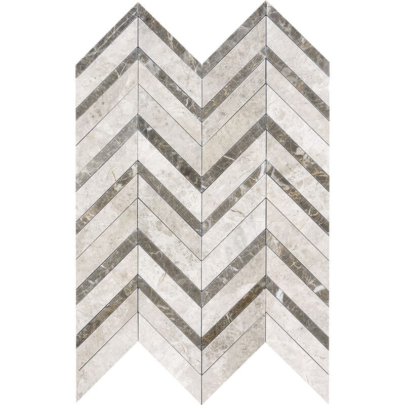 Silver Drop, Silver Shadow Multi Finish Chevron Fusion Waterjet Marble Mosaics 16×11 7/8