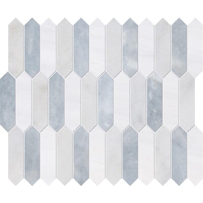 Avalon, Snow White, Allure Honed Baby Picket Waterjet Marble Mosaics 13 3/16×11