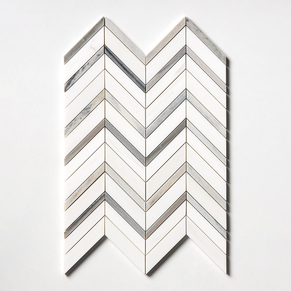 Snow White, Skyline Honed Chevron Fusion Waterjet Marble Mosaics 16×11 7/8