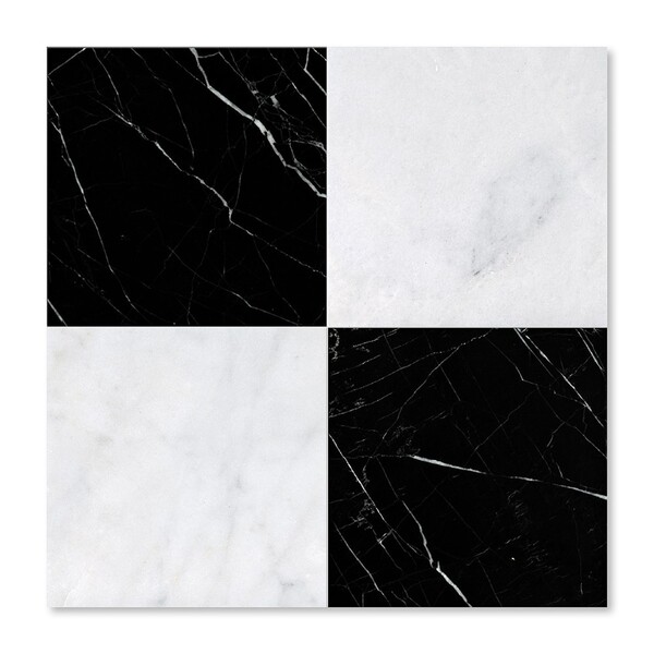 Black, Carrara T Polished Checkerboard Pattern Marble Tiles 12×12
