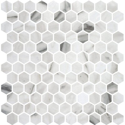 Calacata Honed Hexagon Glass Mosaic 11 3/4x11 1/2