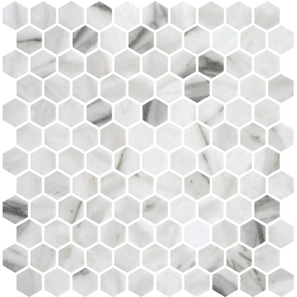 Calacata Honed Hexagon Glass Mosaics 11 3/4×11 1/2