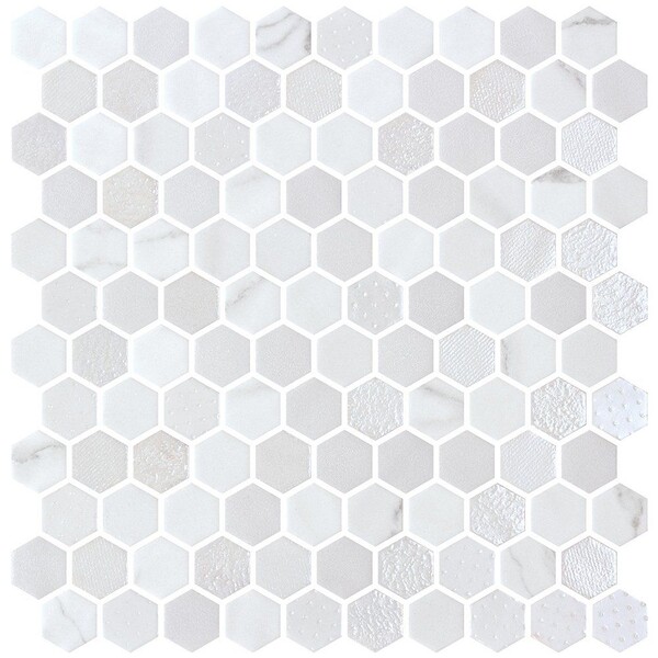 Cotton Multi Finish Hexagon Glass Mosaics 11 3/4×11 1/2