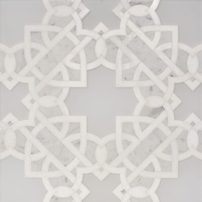Thassos White, Pura Glass, White Carrara Multi Finish Isabella Marble Mosaics 11 9/32×11 9/32