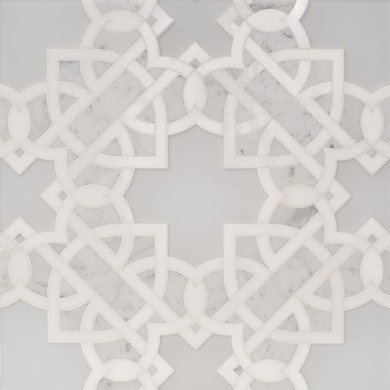 Thassos White, Pura Glass, White Carrara Multi Finish Isabella Marble Mosaics 11 9/32×11 9/32
