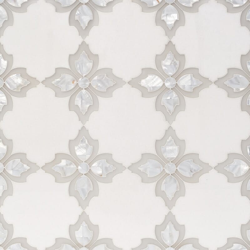 Thassos White, Pura Glass, White Mother Multi Finish Susanna Marble Mosaics 12 1/32×12 1/8