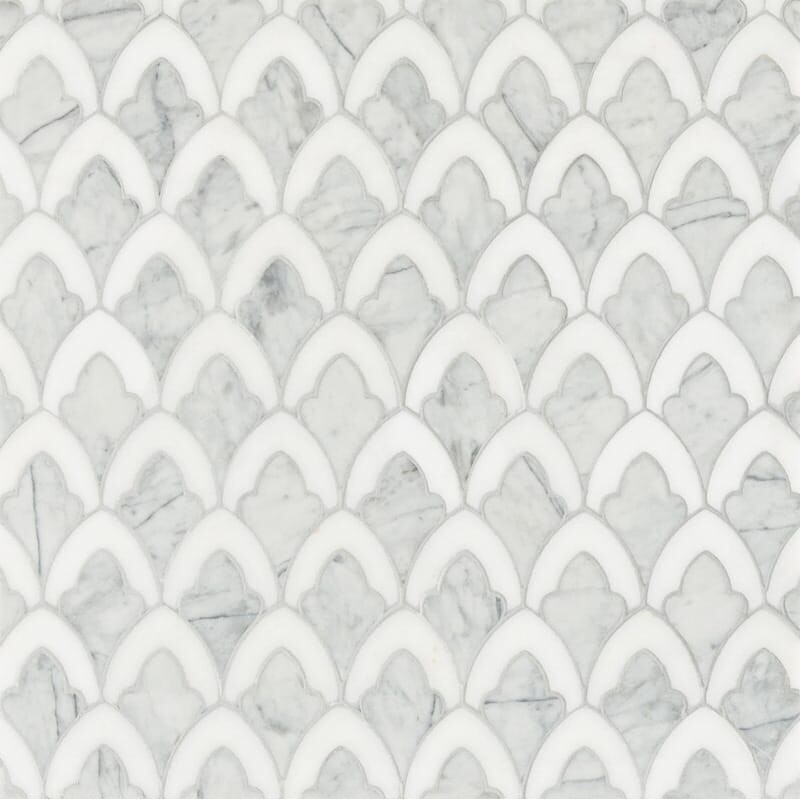 Afyon White, Avenza Dark Multi Finish Sophia Marble Mosaics 8 3/4×13 1/2