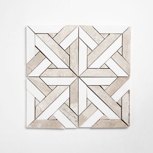 Crossed Pickets Royal Beige, Alpina White Honed Marble Waterjet Decos 9 11/16×9 11/16