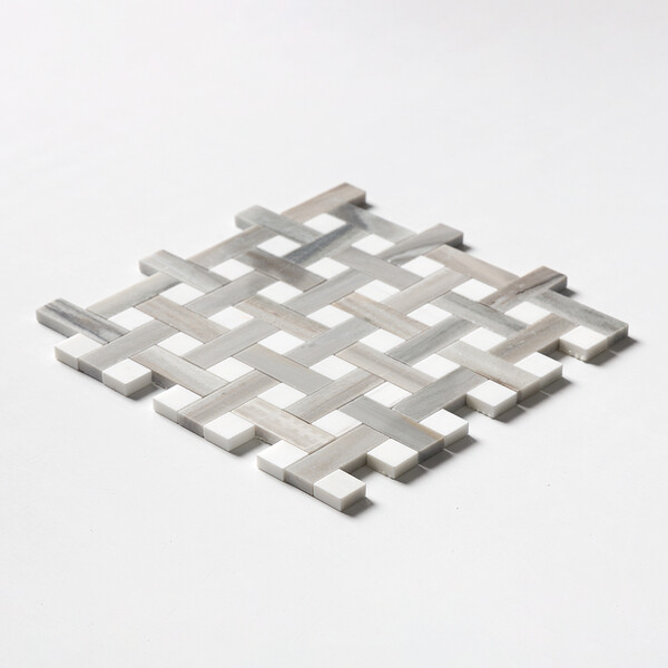 Skyline, Snow White Polished Basket Weave 1×3 Marble Mosaics 12×12
