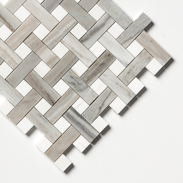 Skyline, Snow White Polished Basket Weave 1×3 Marble Mosaics 12×12