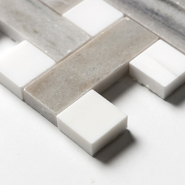 Skyline, Snow White Polished Basket Weave 1×3 Marble Mosaics 12×12