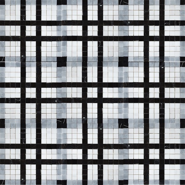 Black, Bianco Dolomiti, Afyon Gray Multi Finish Checker Marble Mosaics 12×12