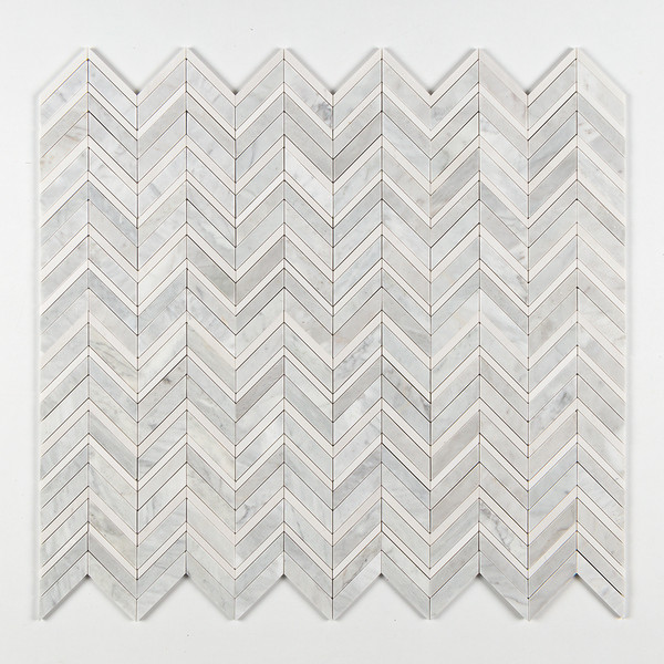 Alpina White, Carrara T Multi Finish Chevron Fusion Waterjet Marble Mosaics 16×11 7/8