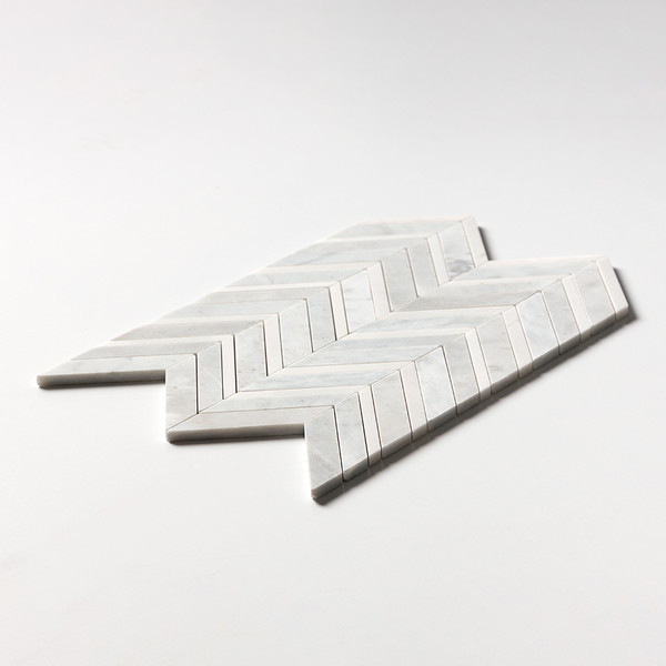 Alpina White, Carrara T Multi Finish Chevron Fusion Waterjet Marble Mosaics 16×11 7/8