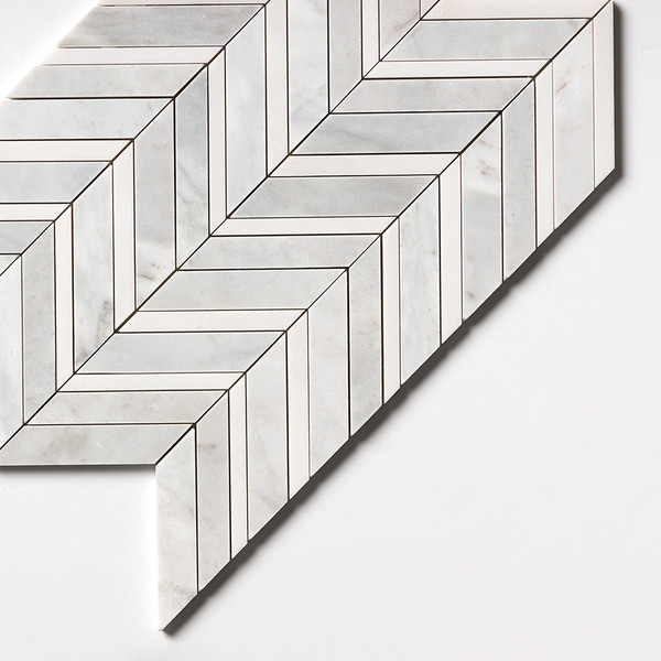 Alpina White, Carrara T Multi Finish Chevron Fusion Waterjet Marble Mosaics 16×11 7/8